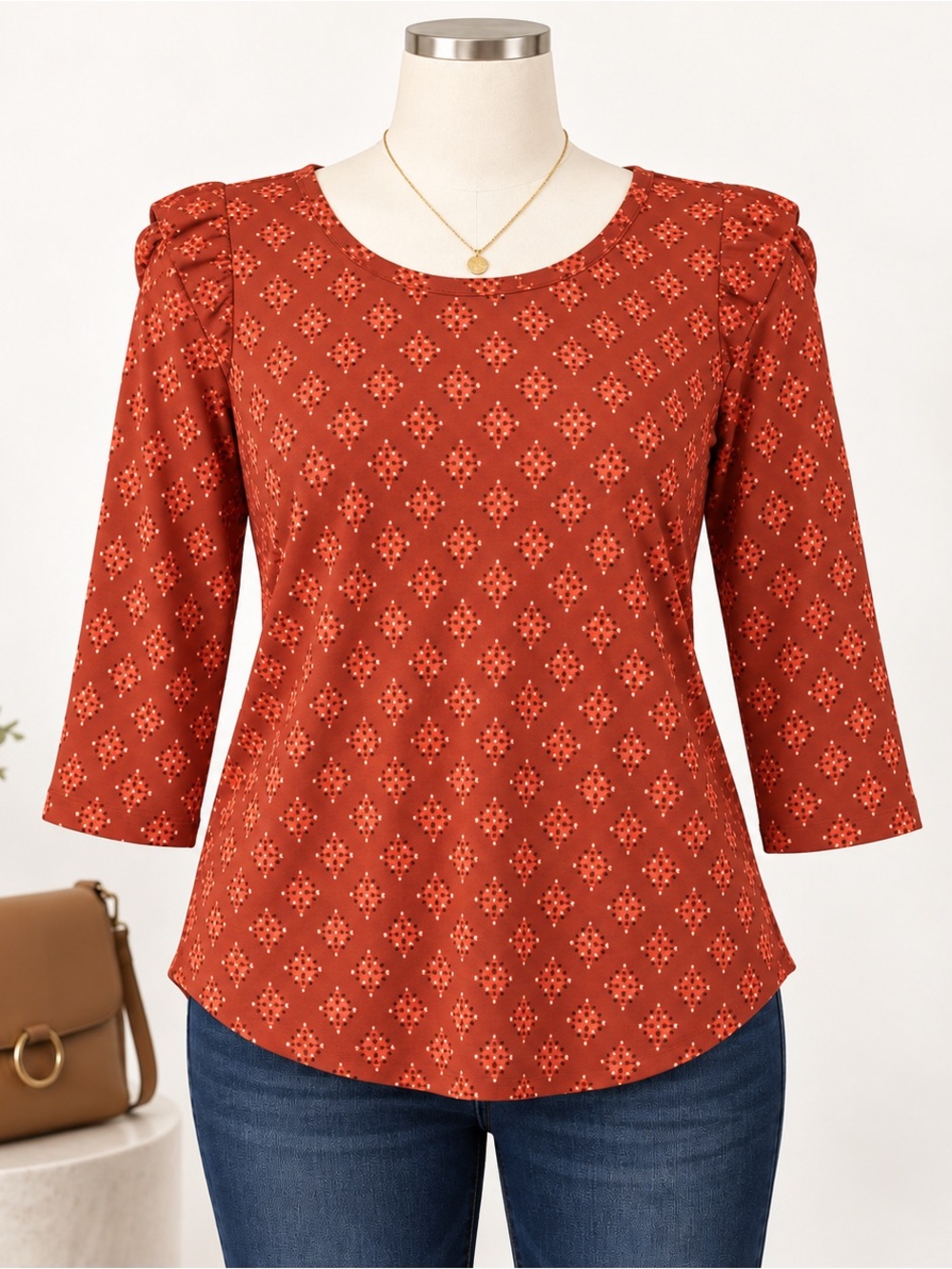 Democracy Rust Geometric Print 3/4 Sleeve Keyhole Back Top Large